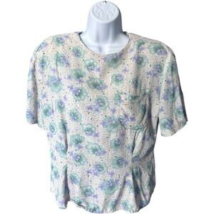 Baronesa Vintage Floral Button Back Blouse Green Purple Rayon 90s Fitted USA